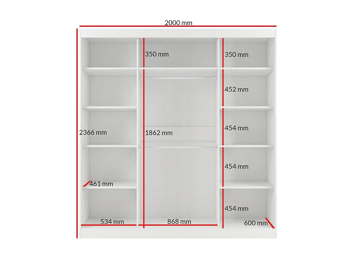 Hoge zweefdeurkast met spiegel Fiore Plus 3D1L 200 Wit/Zilver