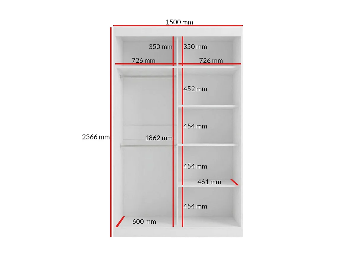 Hoge zweefdeurkast met spiegel Fiore Plus 2D1L 150 Wit/Zilver