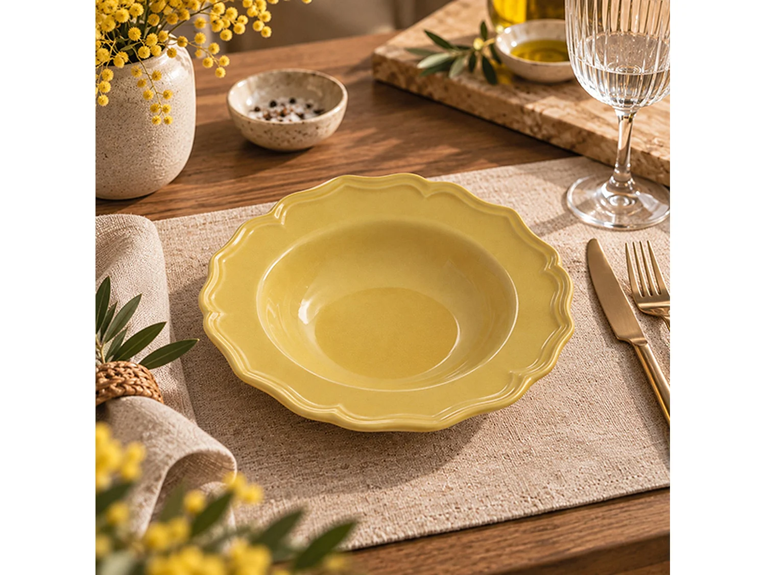 Novastyl - Lot De 6 Assiettes Creuses Signature 23.5cm En Grès Jaune