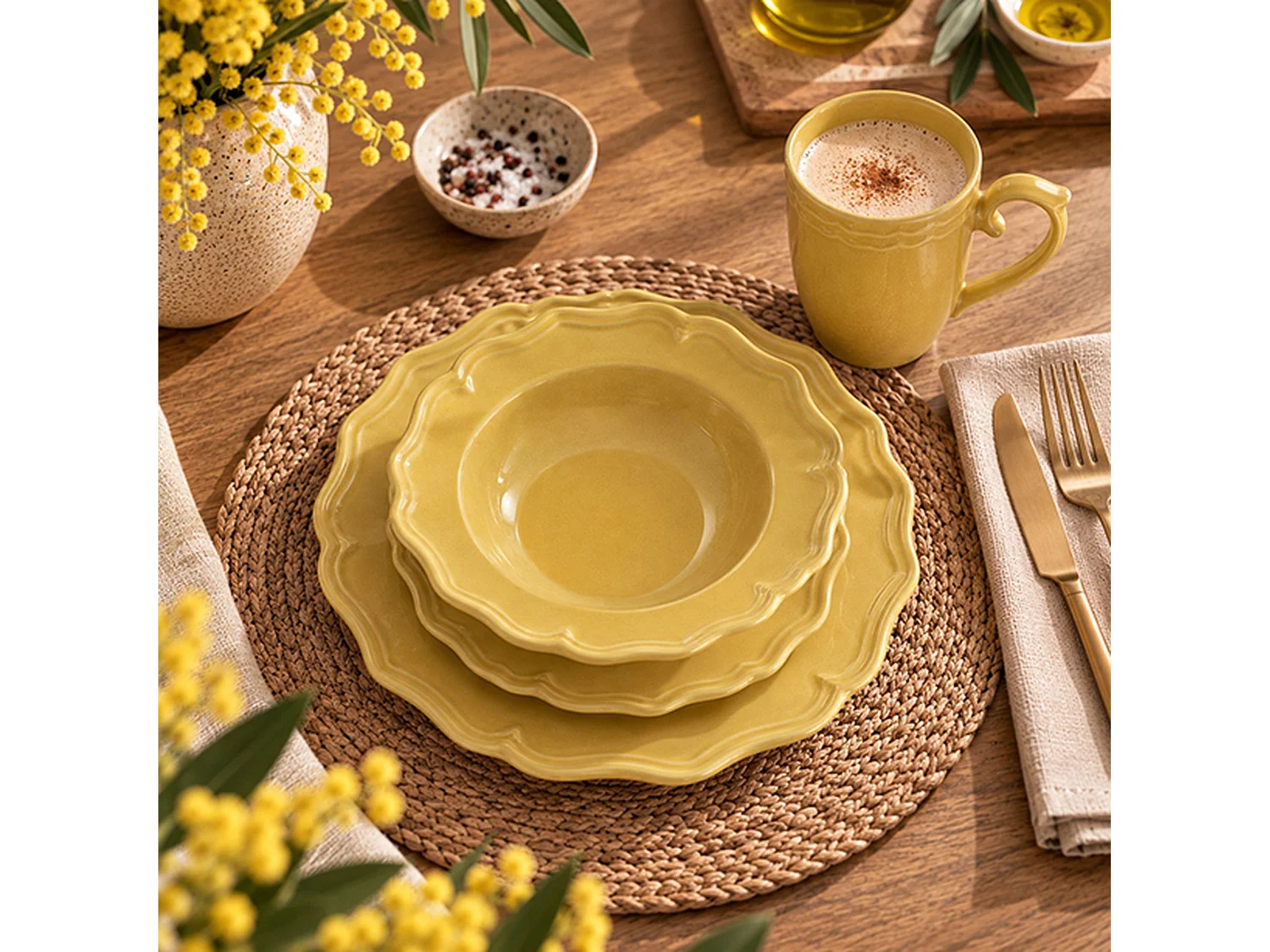 Novastyl - Lot De 6 Assiettes Creuses Signature 23.5cm En Grès Jaune