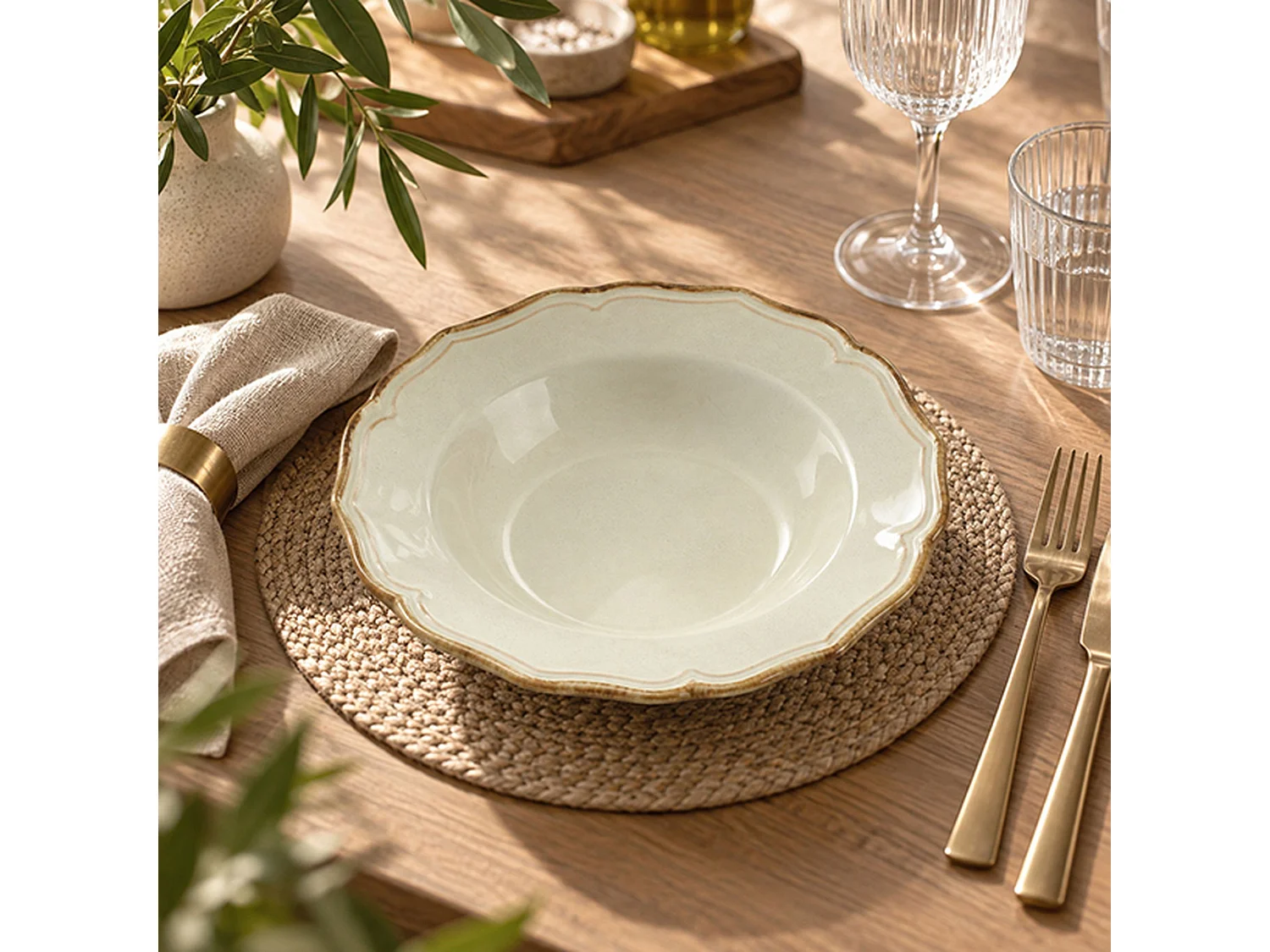 Novastyl - Lot De 6 Assiettes Creuses Signature 23.5cm En Grès Beige