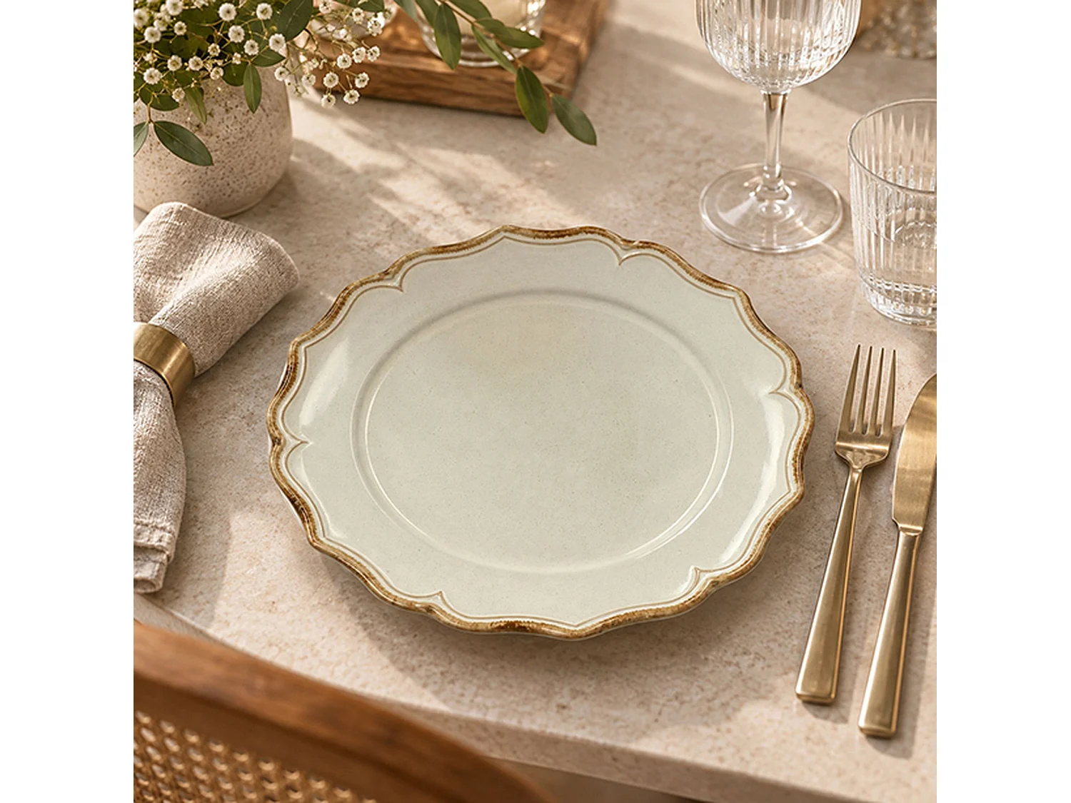 Novastyl - Lot De 6 Assiettes Plates Signature 26.5cm En Grès Beige
