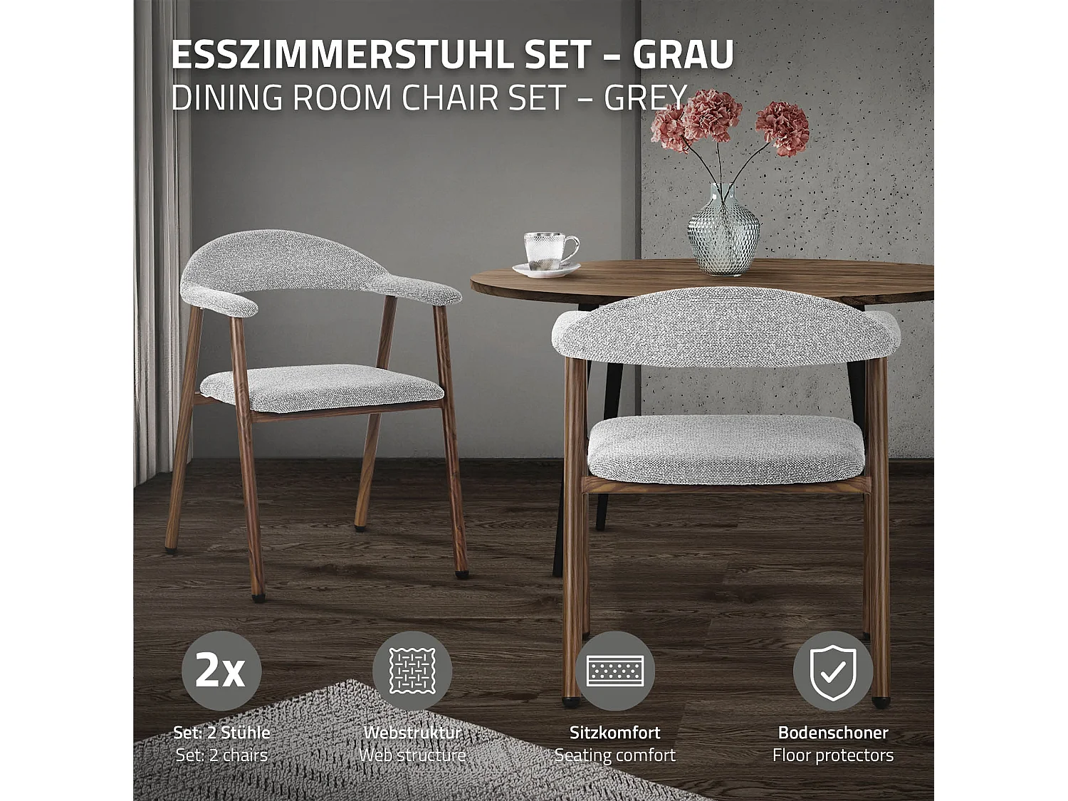 ML-Design Pack 2 sillas de comedor con reposabrazos, asientos de cocina y salón con respaldo, tapizado tejido gris y estructura de acero
