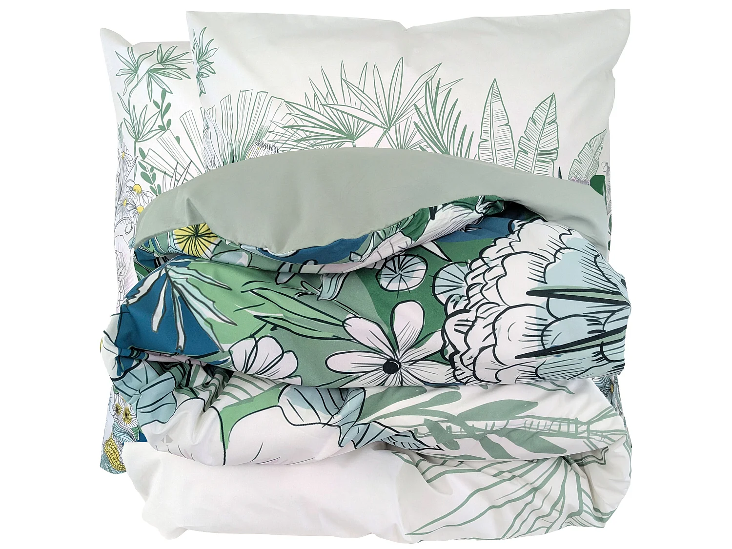 Parure de lit 280x240 cm 65x65 cm percale de coton BALI motif floral vert