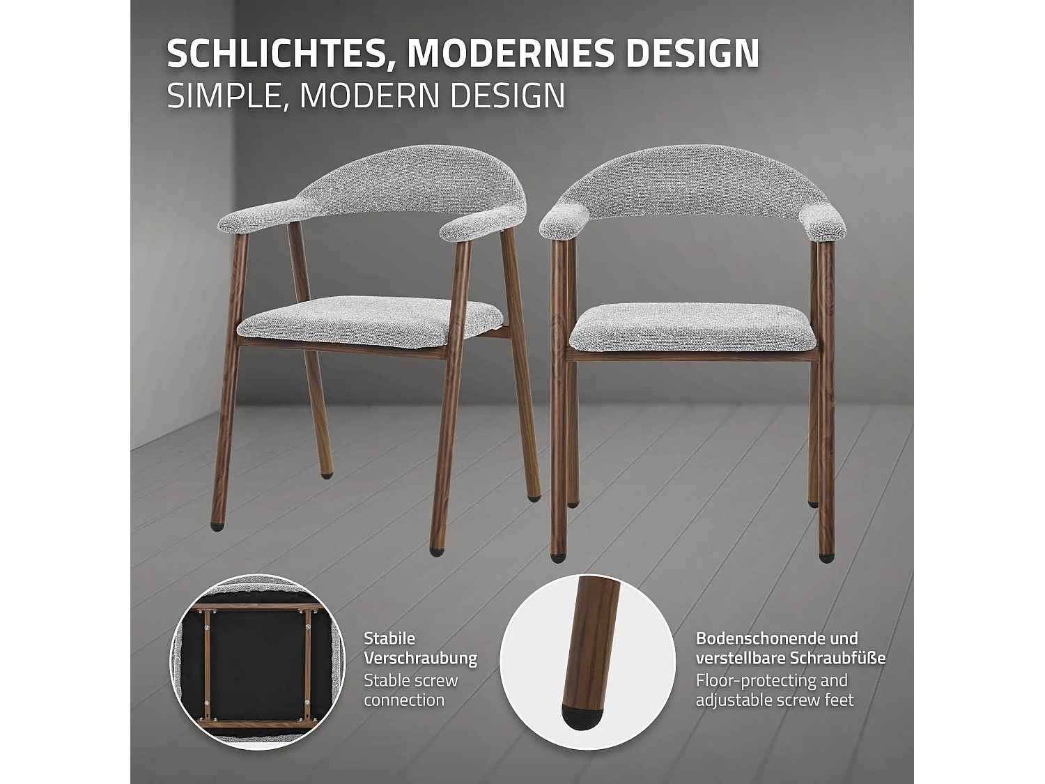 ML-Design Pack 4 sillas de comedor con reposabrazos, asientos de cocina y salón con respaldo, tapizado tejido gris y estructura de acero