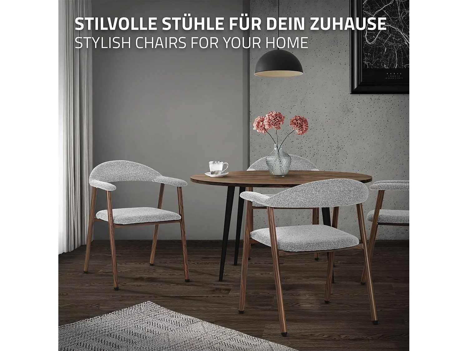 ML-Design Pack 4 sillas de comedor con reposabrazos, asientos de cocina y salón con respaldo, tapizado tejido gris y estructura de acero