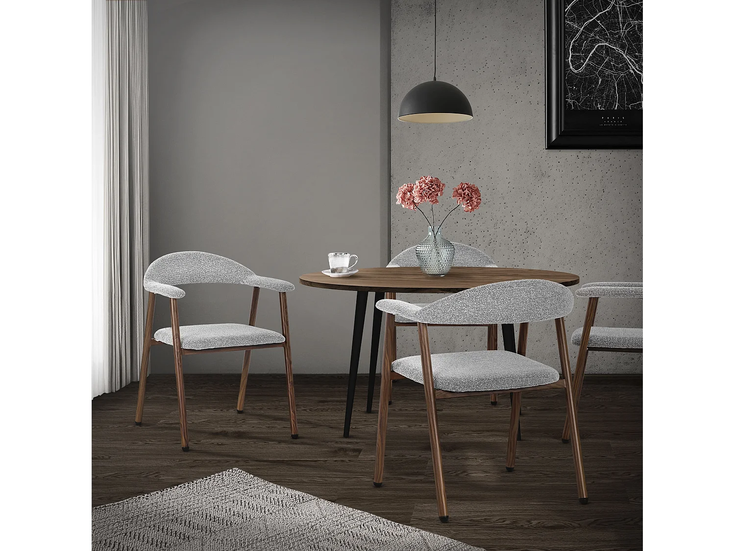 ML-Design Pack 4 sillas de comedor con reposabrazos, asientos de cocina y salón con respaldo, tapizado tejido gris y estructura de acero