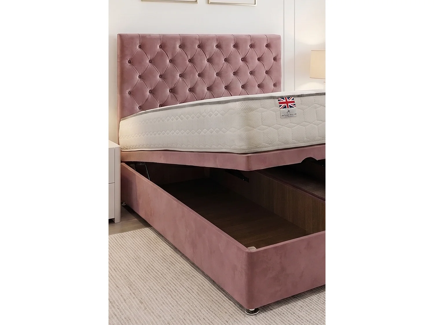 Athens End Opening Ottoman Bed Pink Plush 4FT6 With Mattress & 24"Headboard - Double