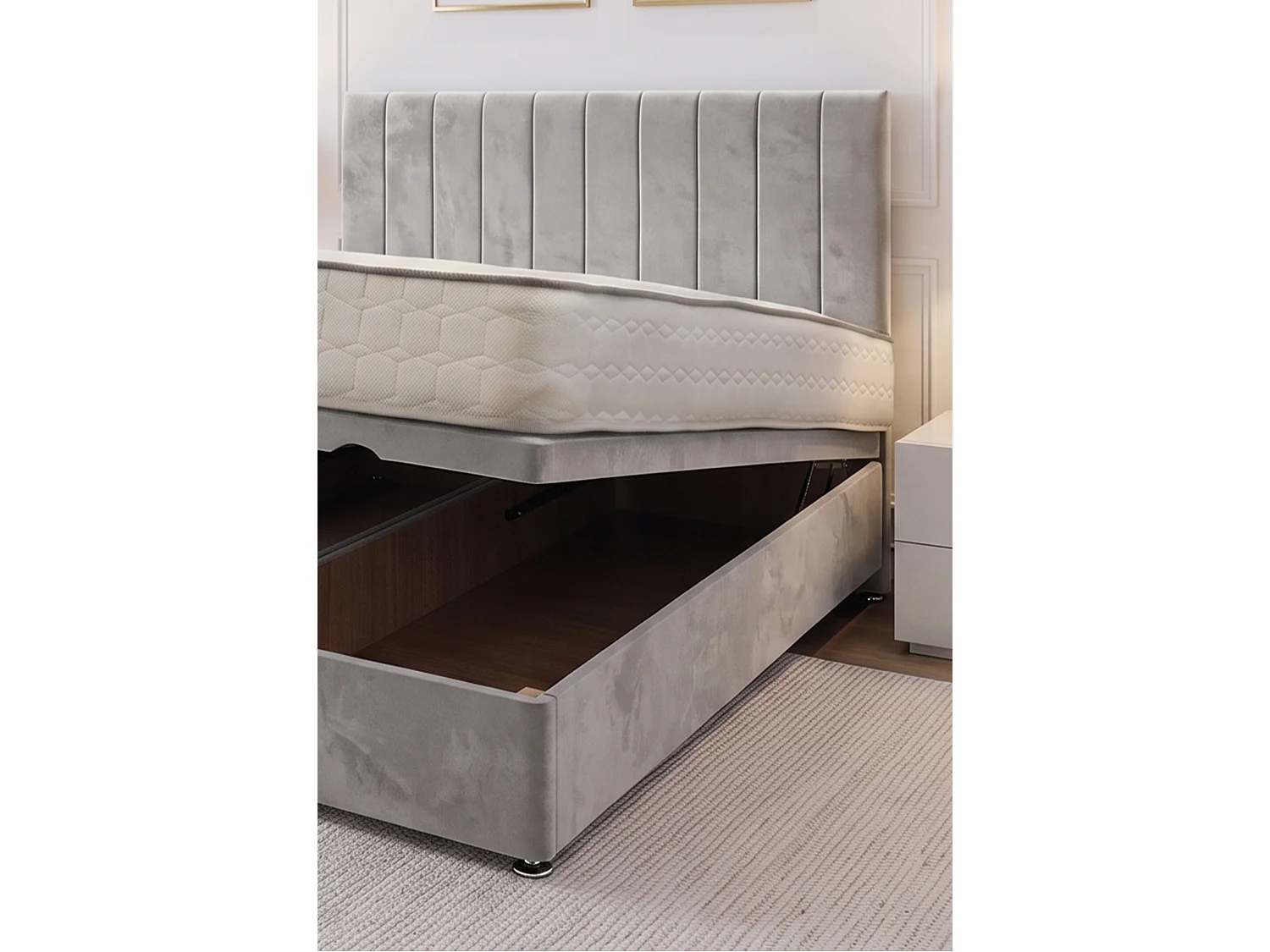 Paris Ottoman Bed Silver Plush 4FT With Mattress & 24"Headboard -Small Double