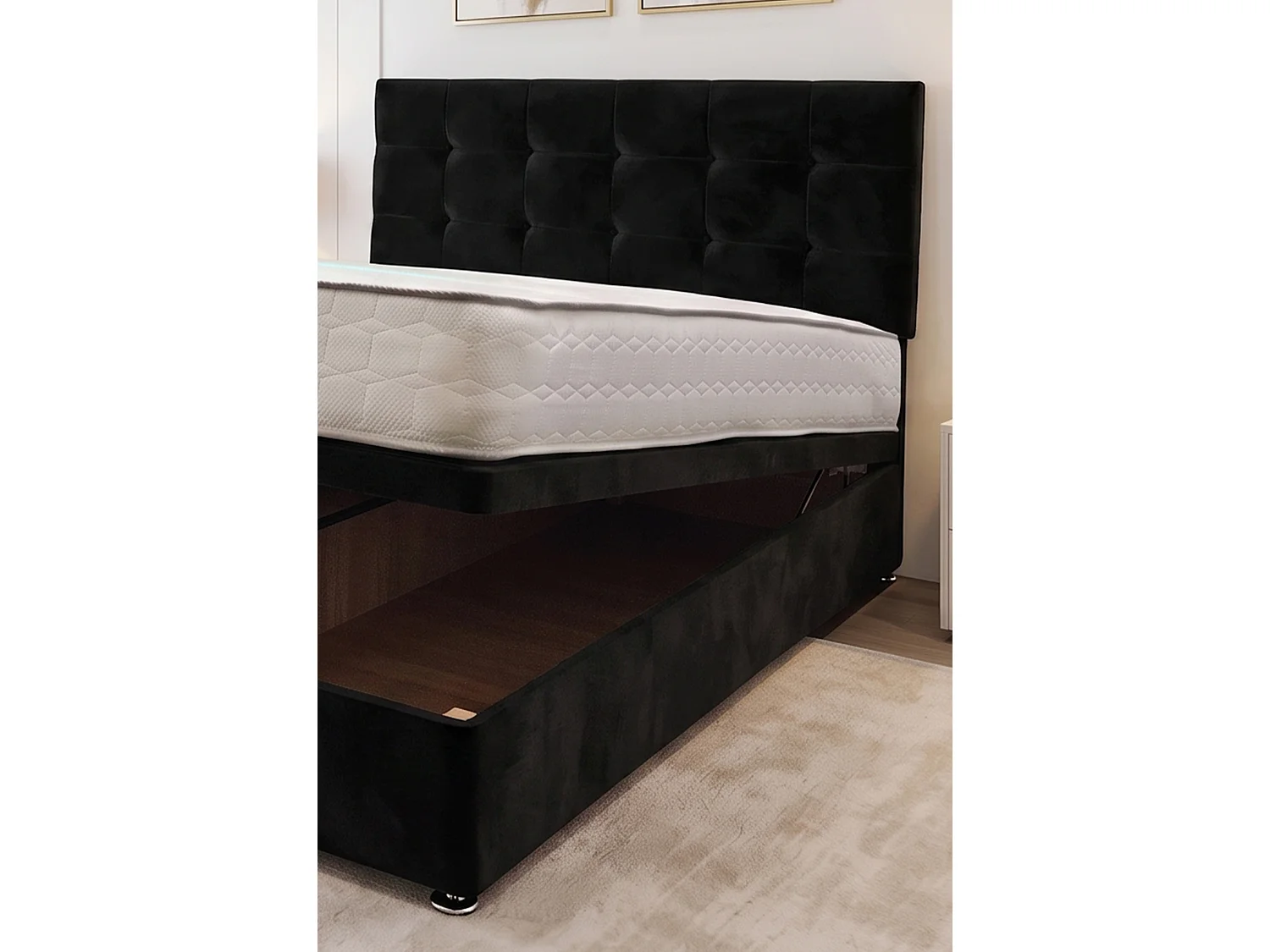 Cubed Ottoman Bed Black Plush 6FT With Mattress & 24"Headboard - Super King