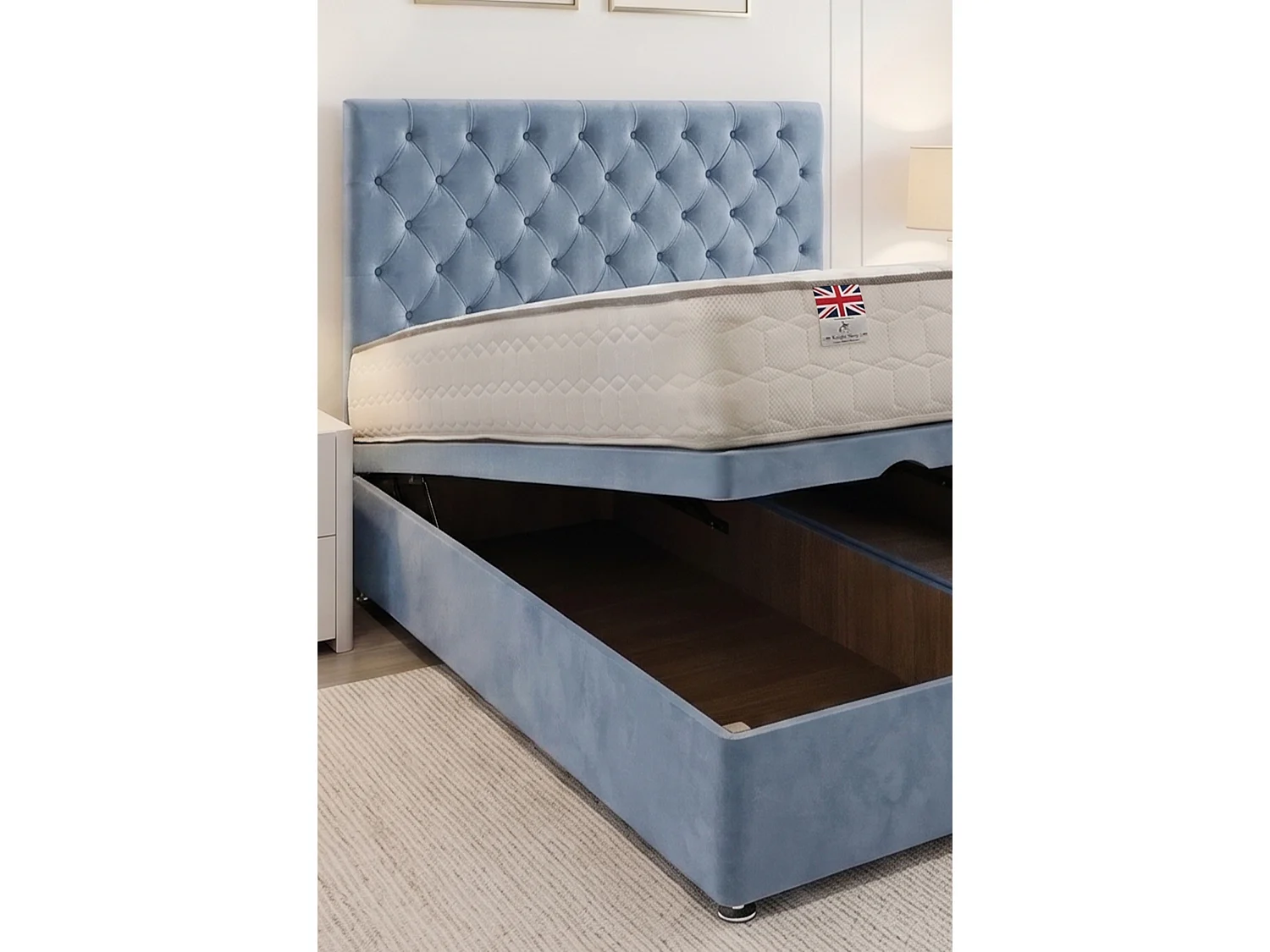 Athens Ottoman Bed Sky Blue Plush 4FT6 With Mattress & 24"Headboard - Double