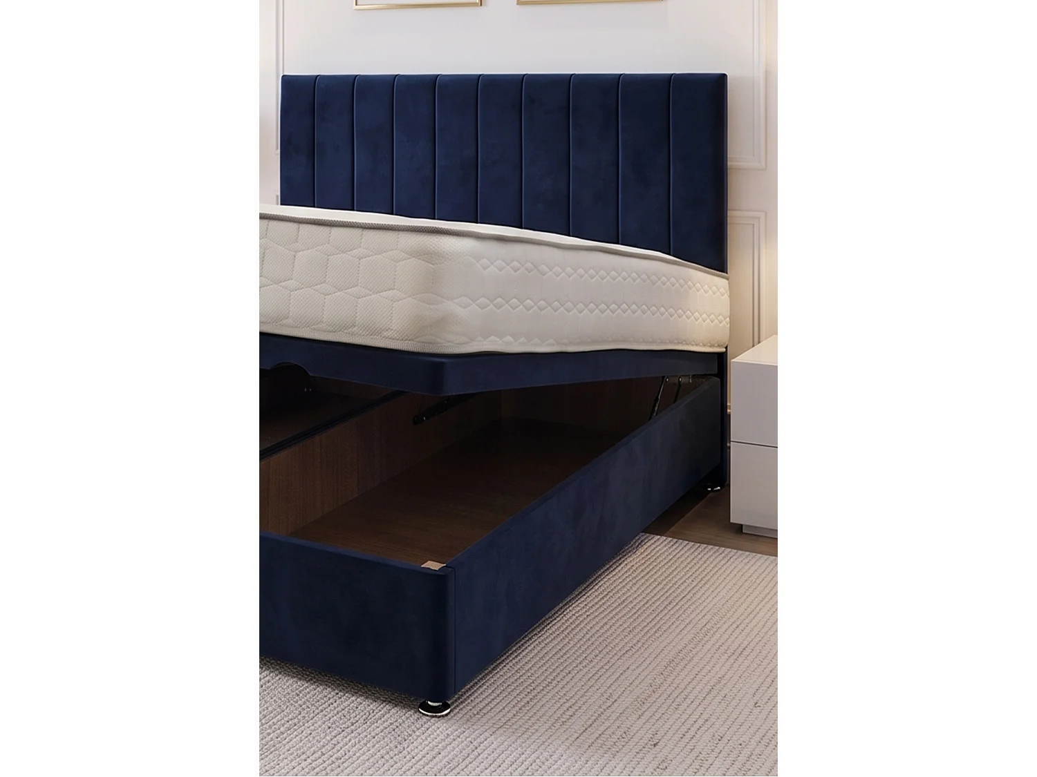 Paris Ottoman Bed Navy Plush 4FT6 With Mattress & 24"Headboard -Double