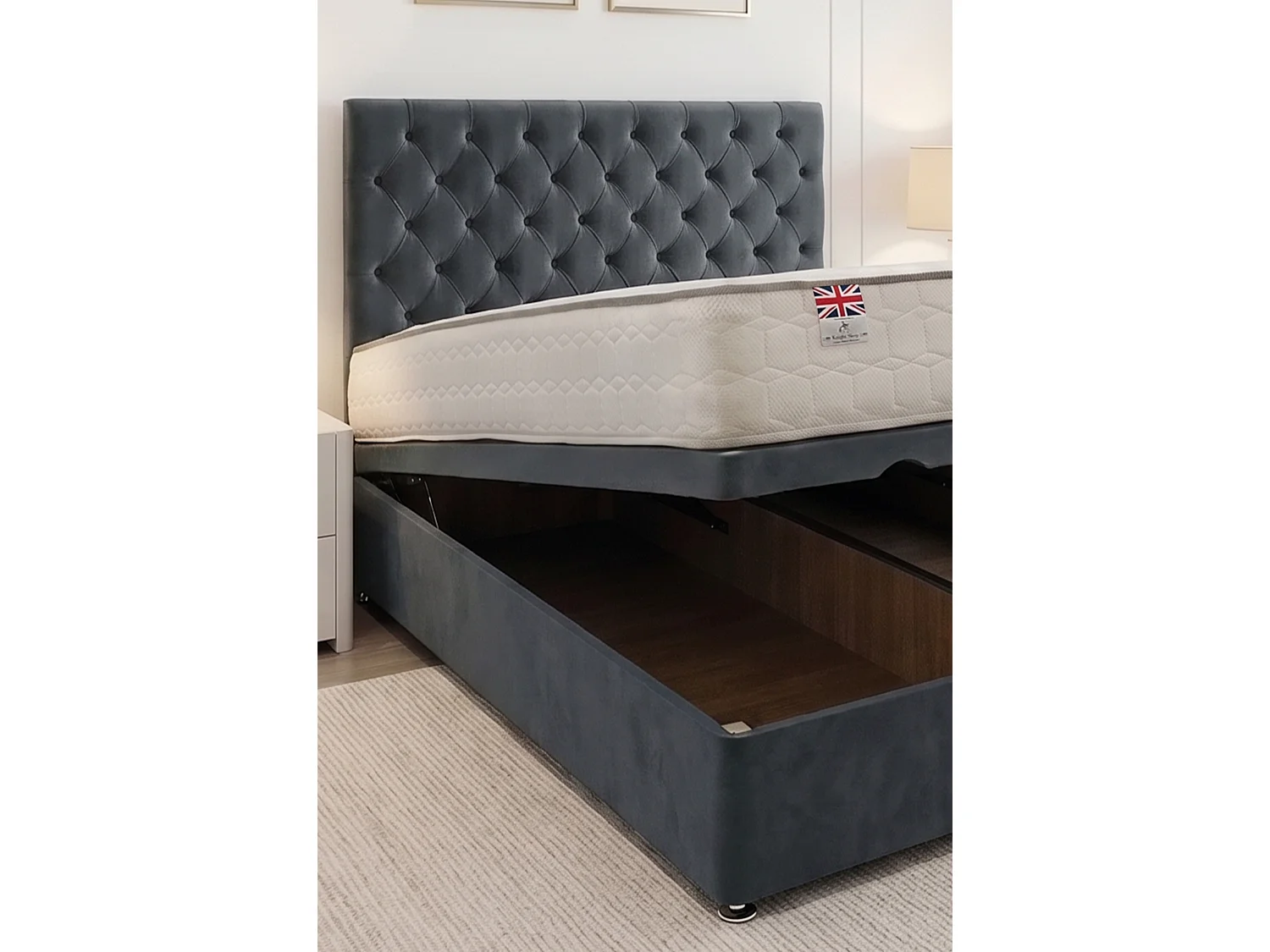 Athens End Opening Ottoman Bed Charcoal Plush 5FT With Mattress & 24"Headboard - King