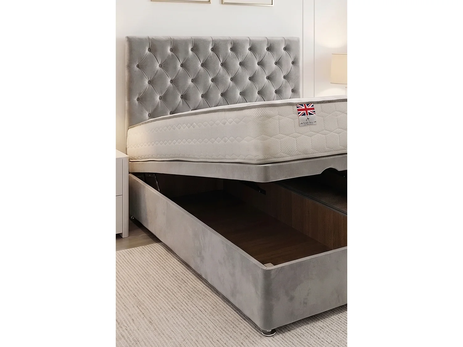 Athens End Opening Ottoman Bed Silver Plush 6FT With Mattress & 24"Headboard - Super King