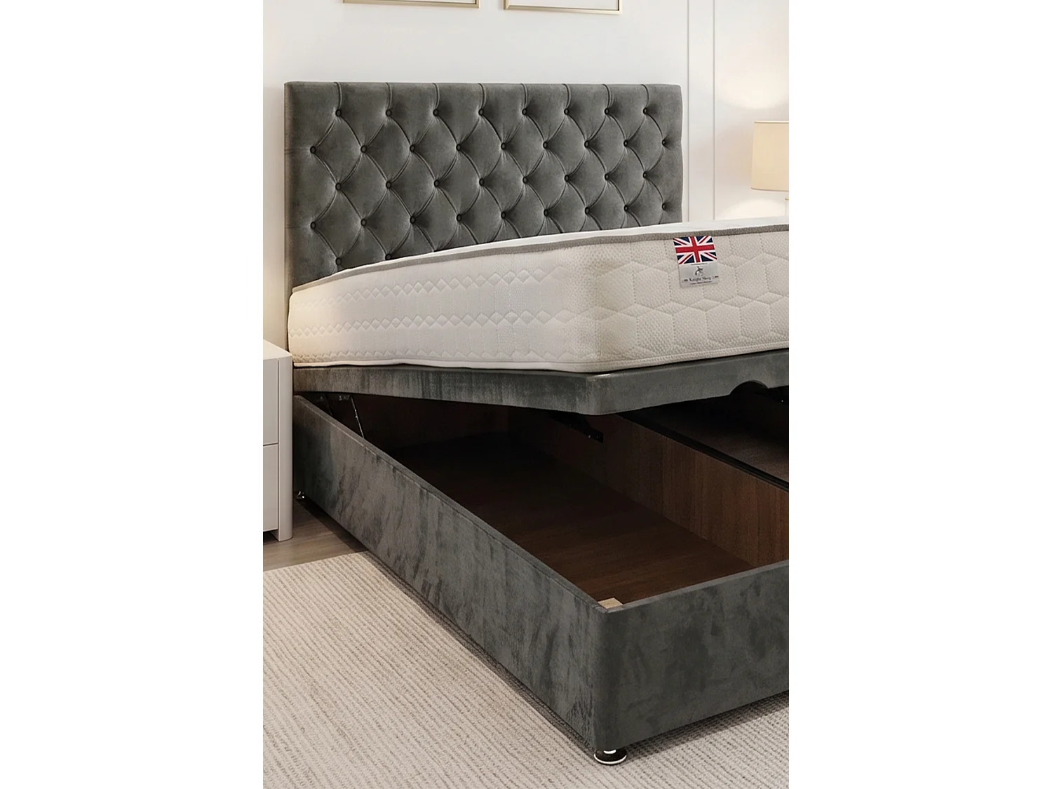 Athens Ottoman Bed Grey Plush 4FT With Mattress & 24"Headboard - Small Double