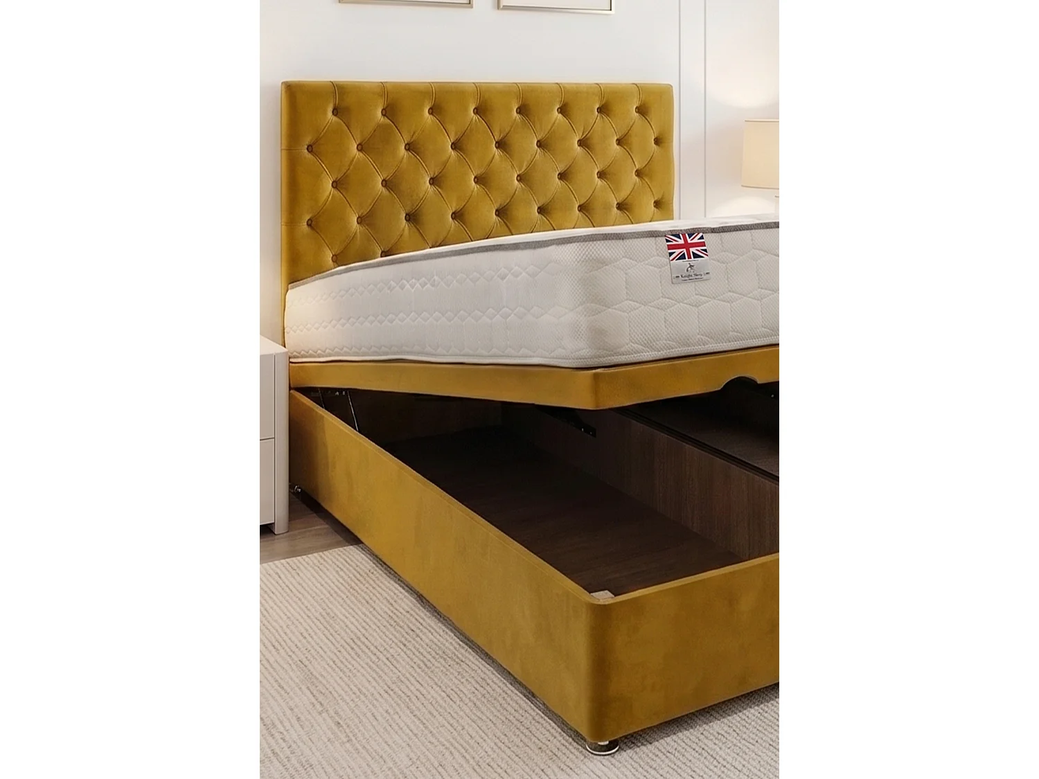 Athens End Opening Ottoman Bed Mustard Plush 4FT With Mattress & 24"Headboard - Small Double
