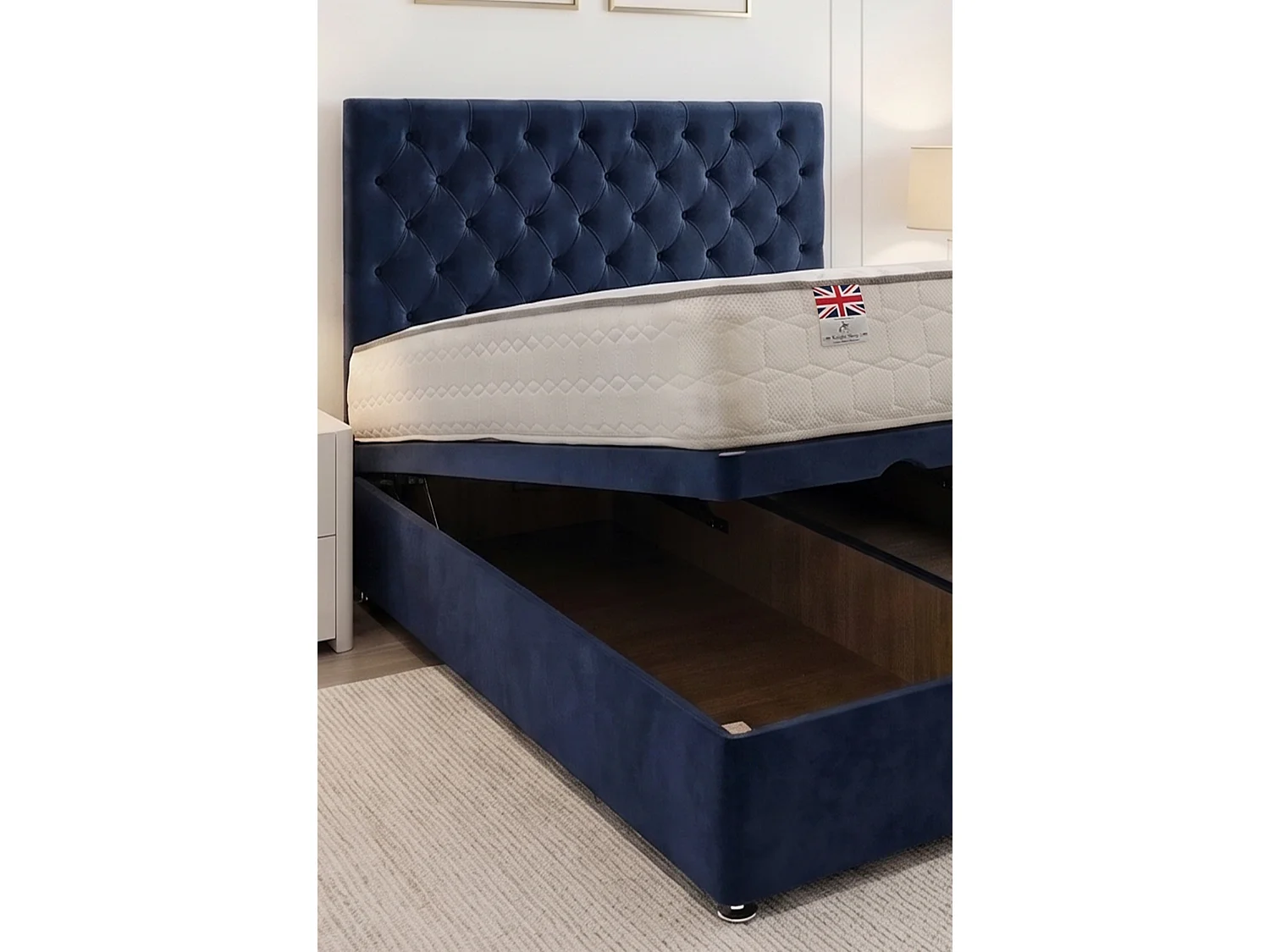 Athens Ottoman Bed Navy Plush 4FT With Mattress & 24"Headboard - Small Double
