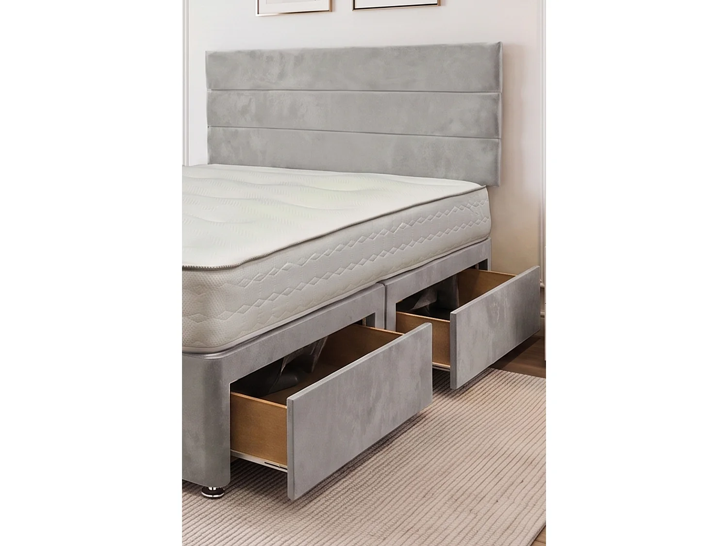 York Silver Plush 2FT6 Princess Sprung Divan Bed Set With Mattress, 2 Drawers & Headboard-Small Single