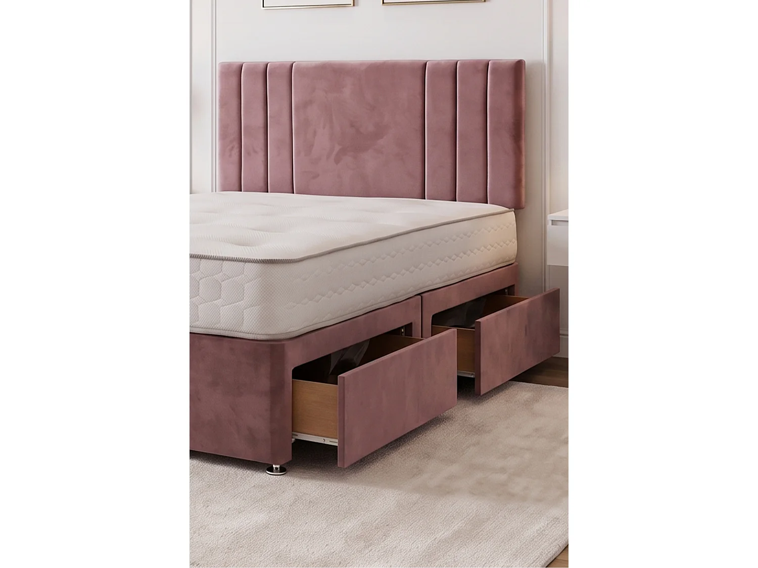SKY Pink Plush Bed Set With Mattress, 2 Drawers Same Side & 24"Headboard, 4FT6 - Double