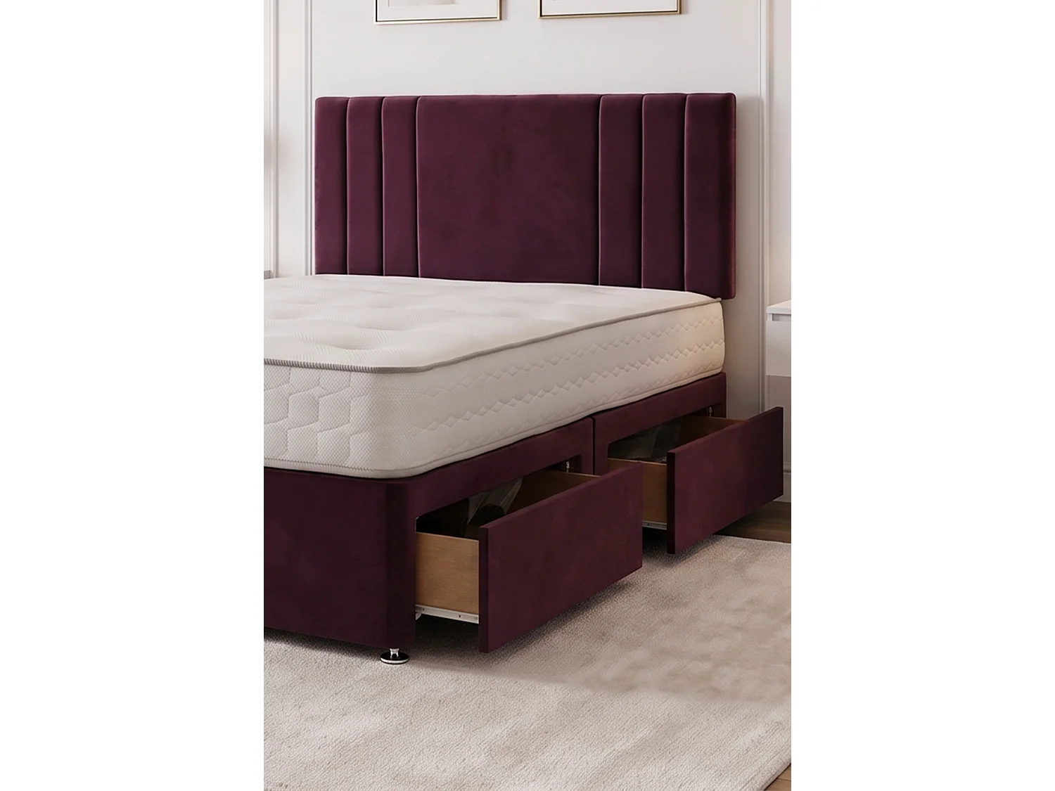 SKY Aubergine Plush Bed Set With Mattress, 2 Drawers Same Side & 24"Headboard, 5FT - King Size