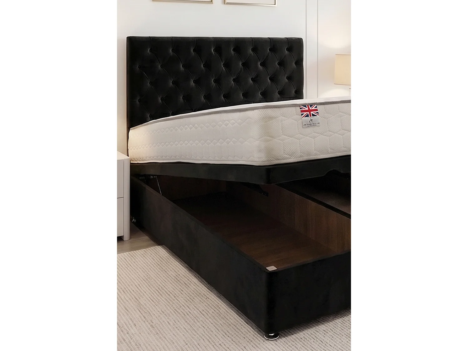 Athens End Opening Ottoman Bed Black Plush 6FT With Mattress & 24"Headboard - Super King