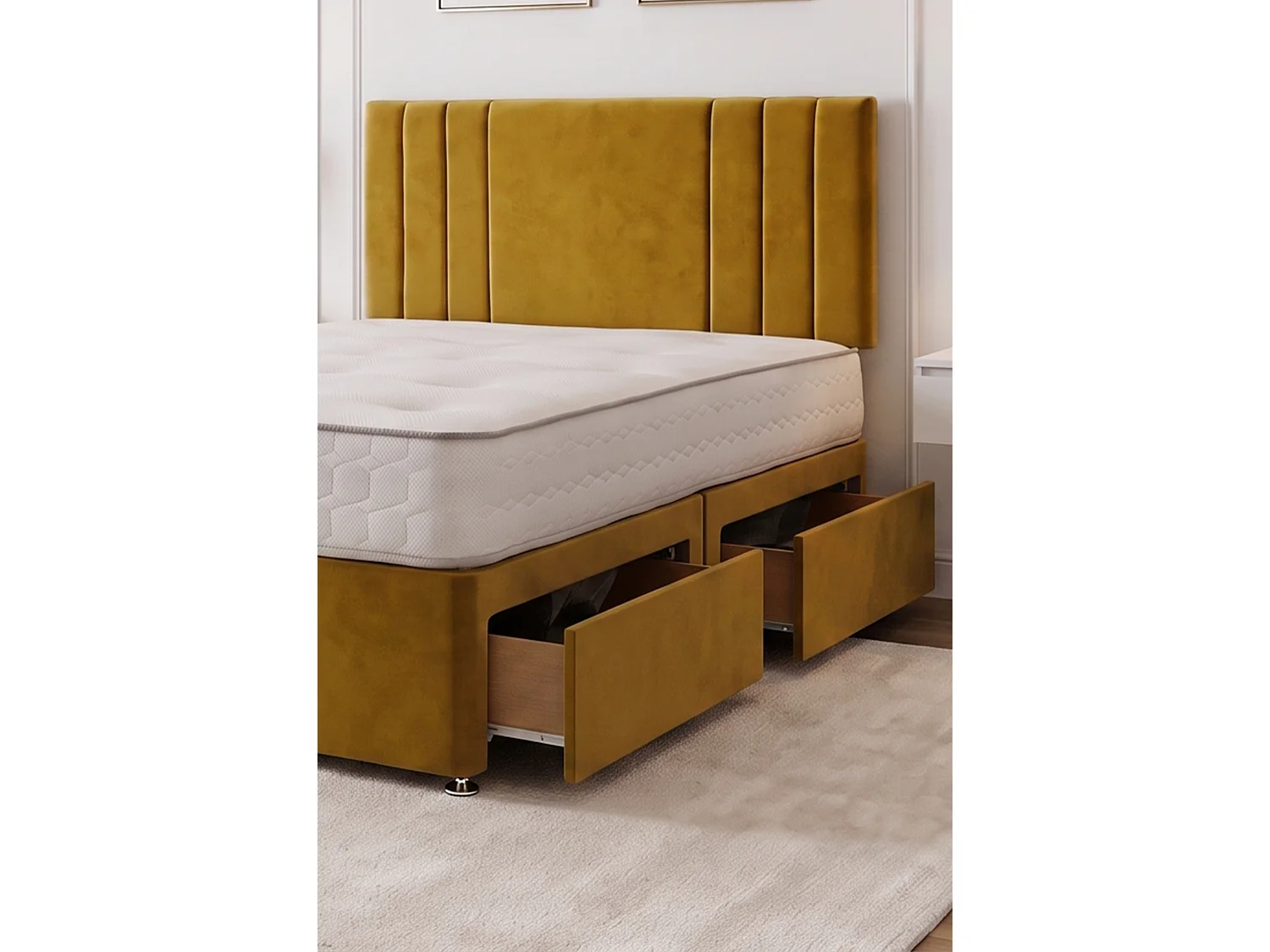 SKY Mustard Plush Bed Set With Mattress, 2 Drawers Same Side & 24"Headboard, 4FT6 - Double