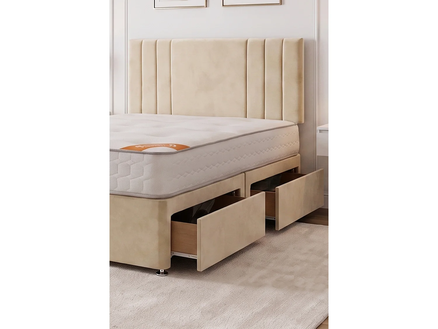 Sarah Cream Plush Bed Set With Mattress, 2 Drawers Same Side & 24"Headboard, 4FT6 - Double