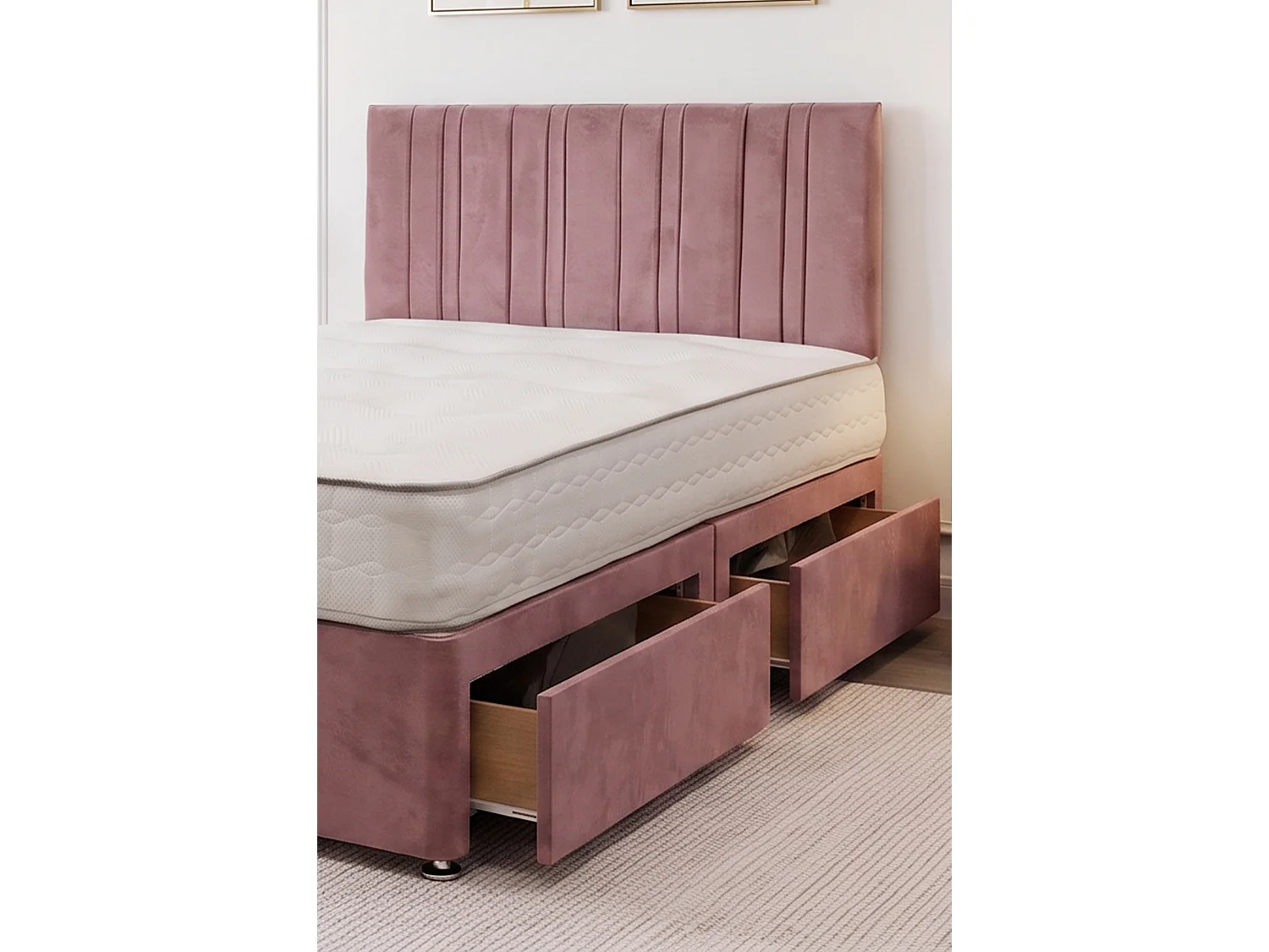 SKY Pink Plush Bed Set With Mattress, 2 Drawers Same Side & 24"Headboard, 5FT - King Size