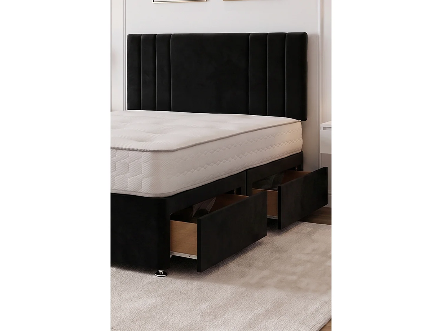 SKY Black Plush Bed Set With Mattress, 2 Drawers Same Side & 24"Headboard, 5FT - King Size