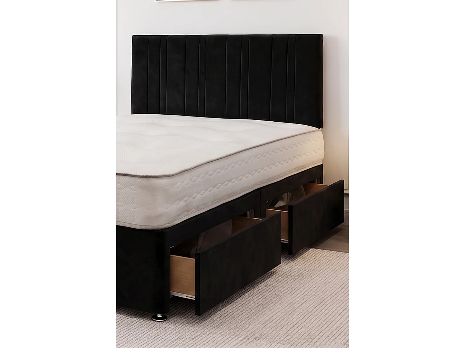 SKY Black Plush Bed Set With Mattress, 2 Drawers Same Side & 24"Headboard, 5FT - King Size