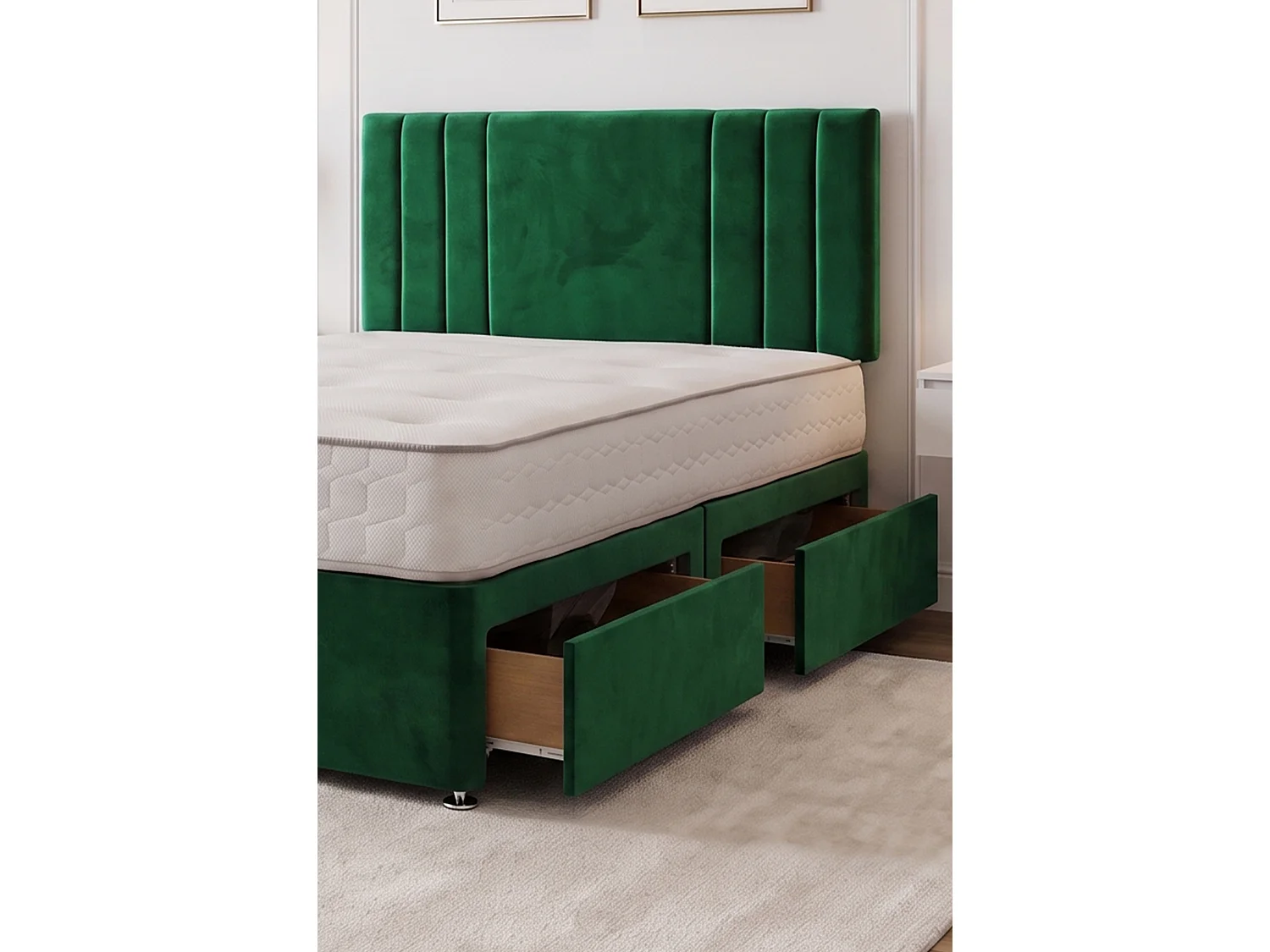 Sarah Emerald Plush Bed Set With Mattress, 2 Drawers Same Side & 24"Headboard, 5FT - King Size