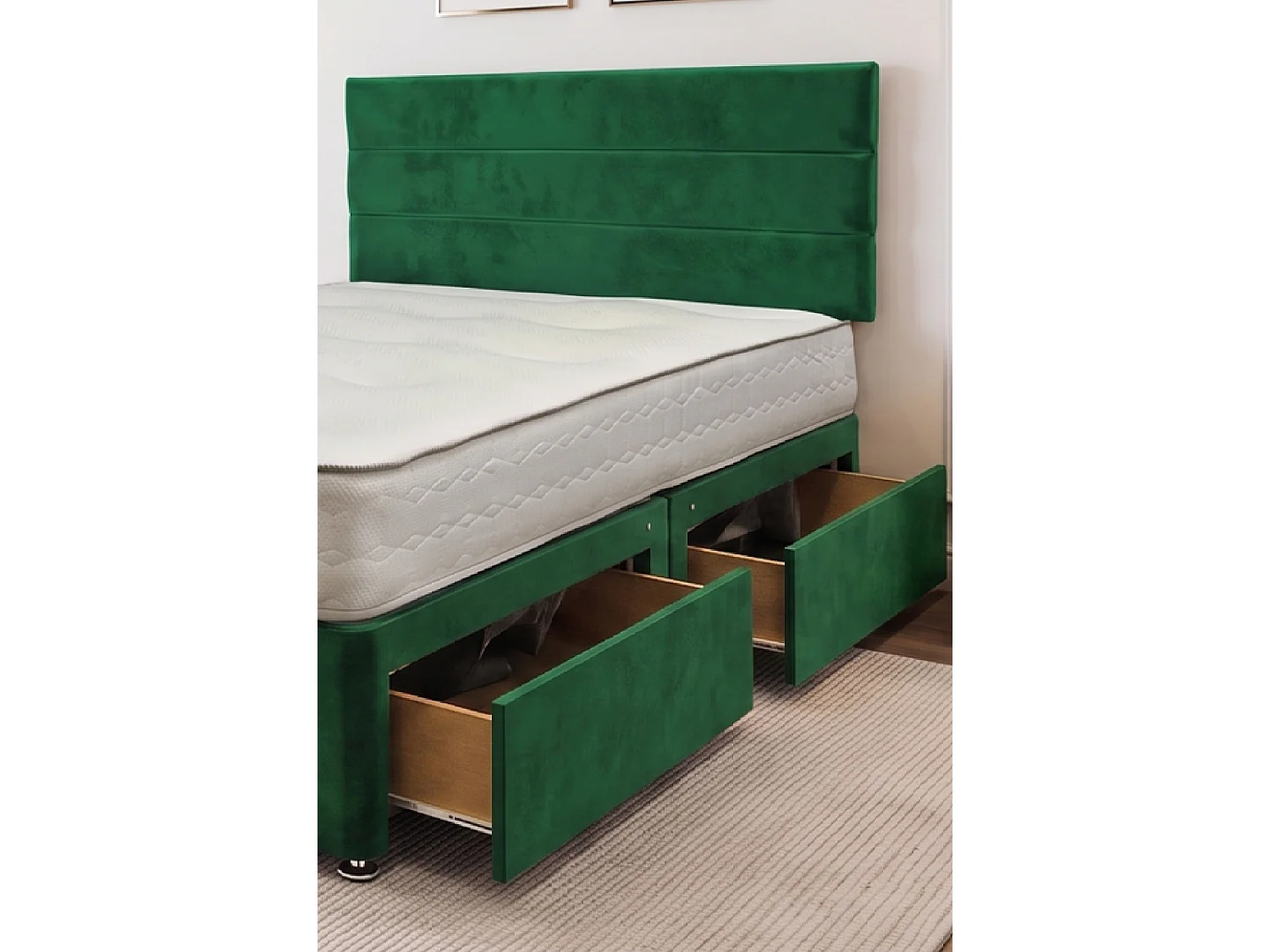 York Emerald Plush 4FT6 Princess Sprung Divan Storage Bed with 4 Drawers & Headboard - Double