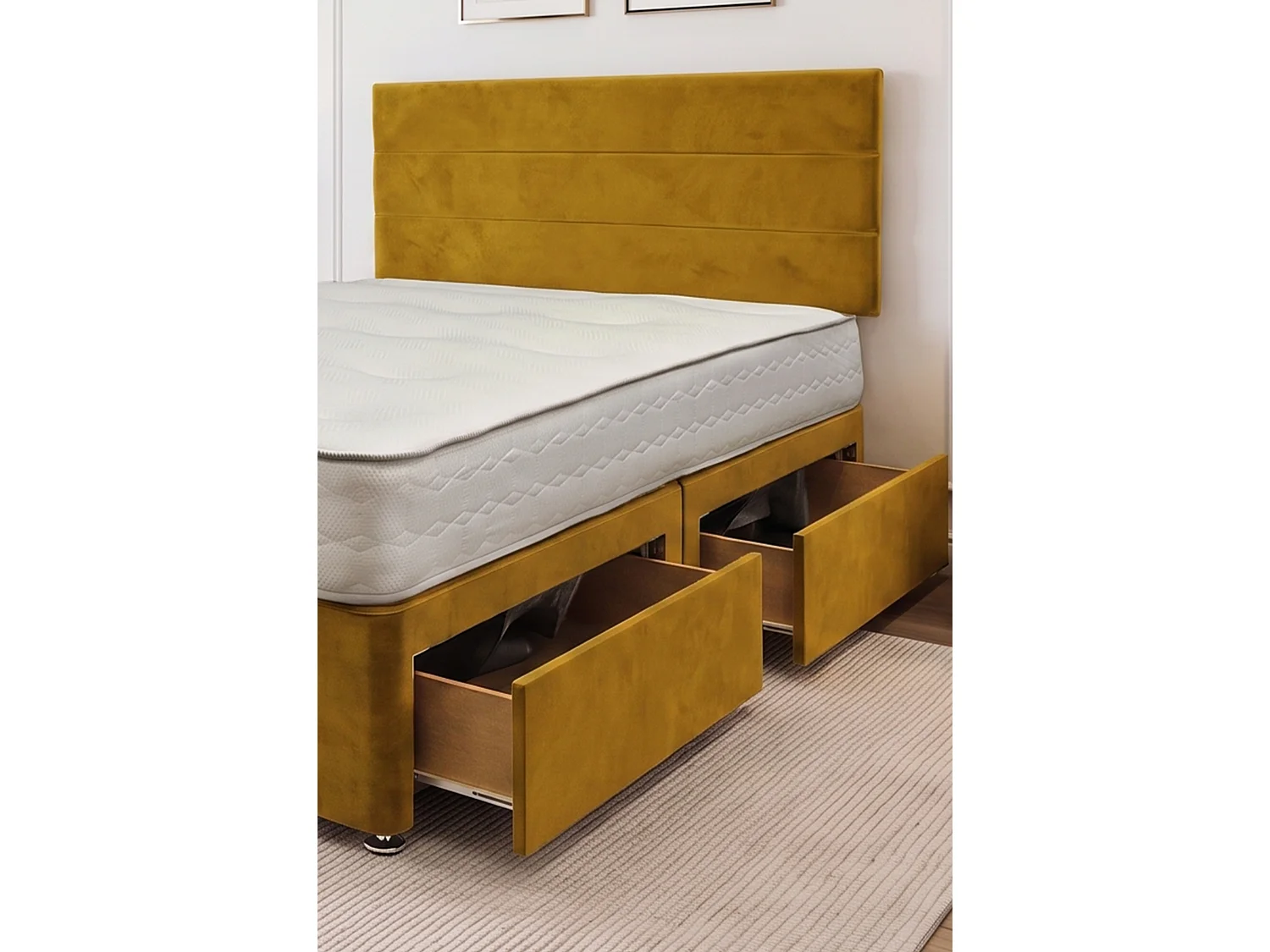 York Mustard Plush 6FT Princess Sprung Divan Bed Set With Mattress, 2 Drawers & Headboard-Super King