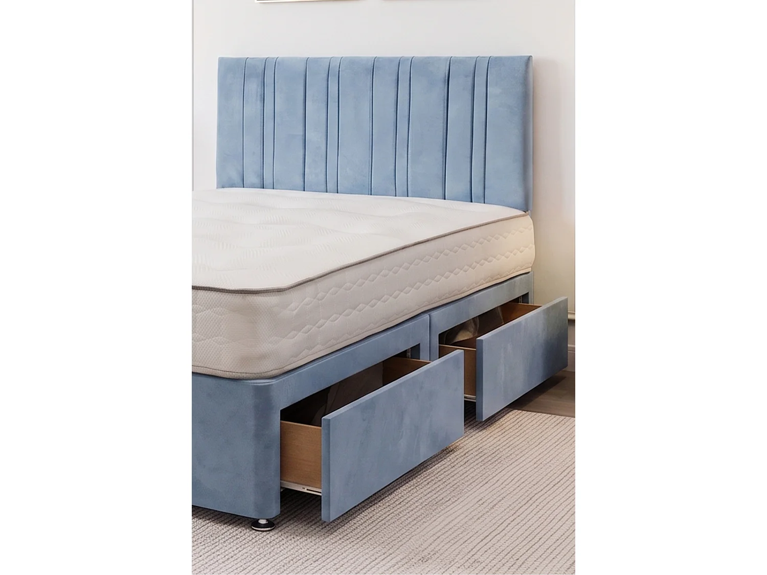 SKY Sky Blue Plush Bed Set With Mattress, 2 Drawers Same Side & 24"Headboard, 4FT - Small Double