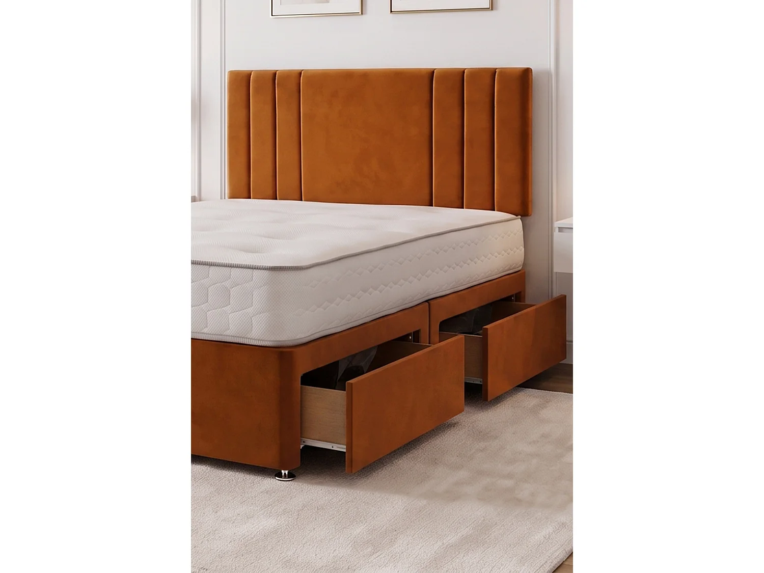 Sarah Orange Plush Bed Set With Mattress, 2 Drawers Same Side & 24"Headboard, 5FT - King Size