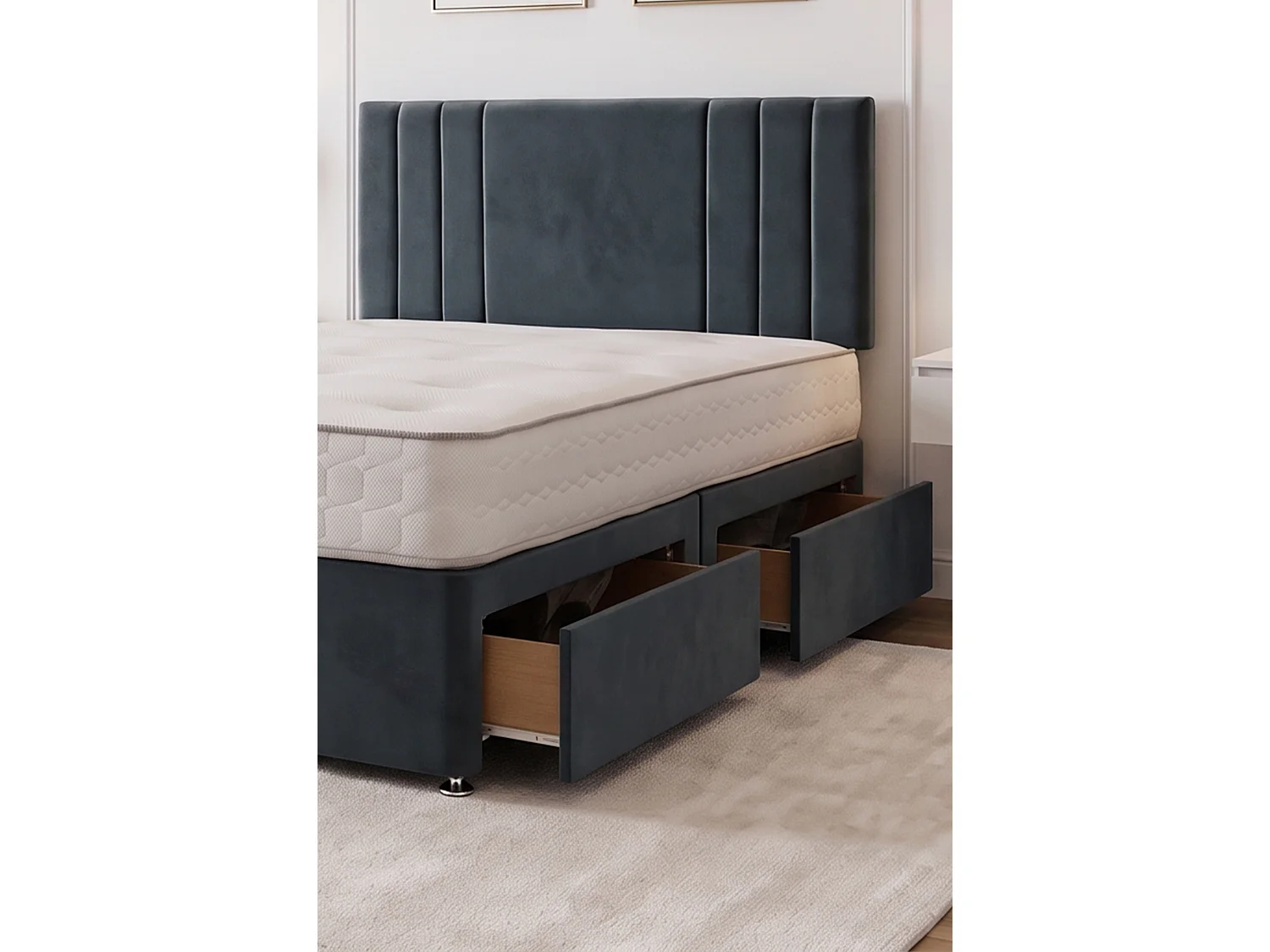 SKY Charcoal Plush Bed Set With Mattress, 2 Drawers Same Side & 24"Headboard, 3FT - Single