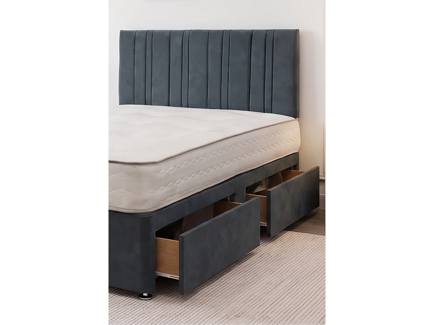 SKY Charcoal Plush Bed Set With Mattress, 2 Drawers Same Side & 24"Headboard, 3FT - Single