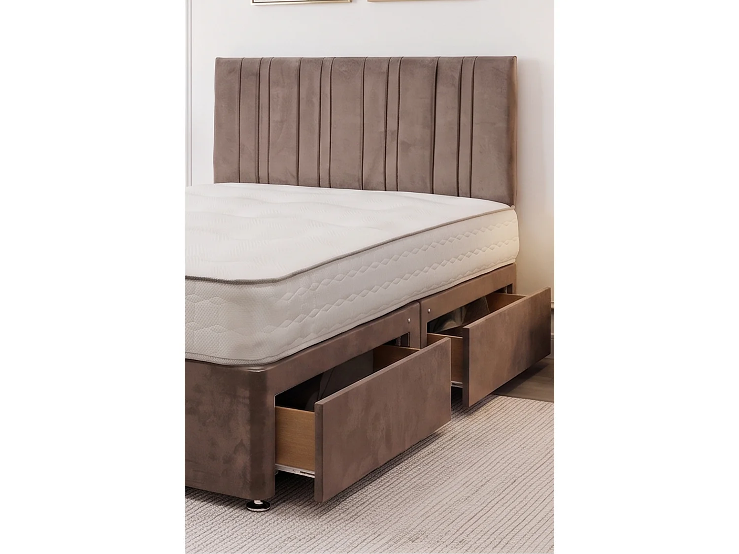 SKY Mocca Plush Bed Set With Mattress, 2 Drawers Same Side & 24"Headboard, 5FT - King Size