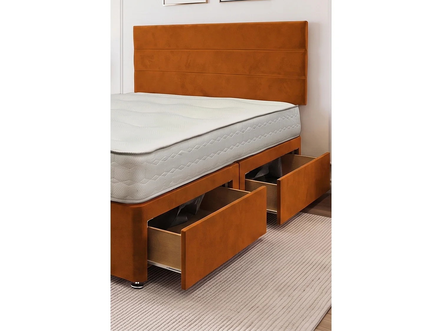 York Orange Plush 6FT Princess Sprung Divan Bed Set With Mattress, 2 Drawers & Headboard-Super King