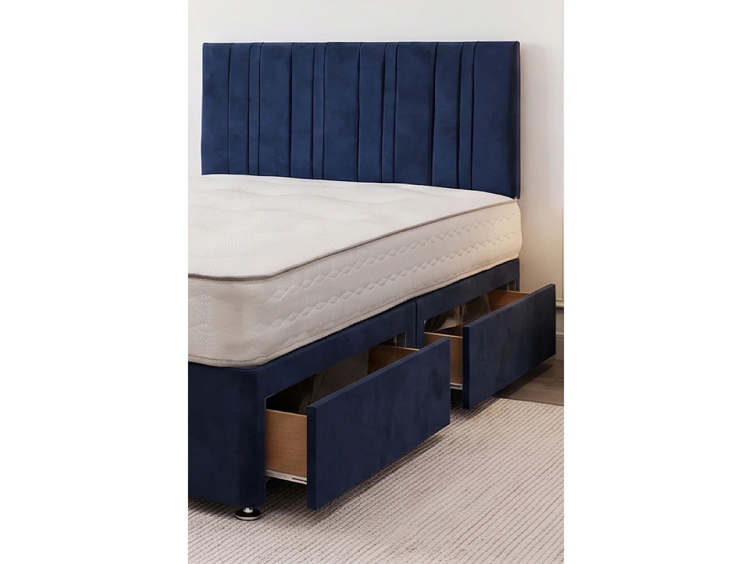 SKY Navy Plush Bed Set With Mattress, 2 Drawers Same Side & 24"Headboard, 5FT - King Size