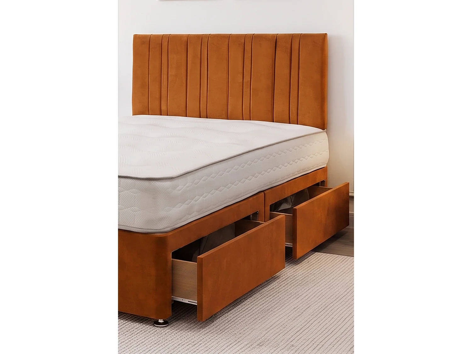 SKY Orange Plush Bed Set With Mattress, 2 Drawers Same Side & 24"Headboard, 4FT - Small Double