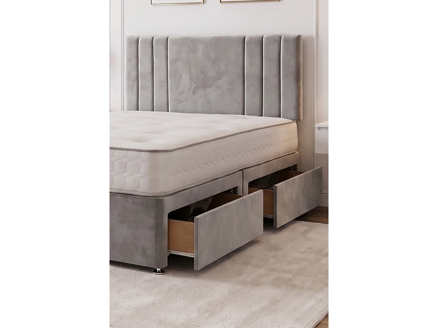 Sarah Silver Plush Bed Set With Mattress, 2 Drawers Same Side & 24"Headboard, 5FT - King Size