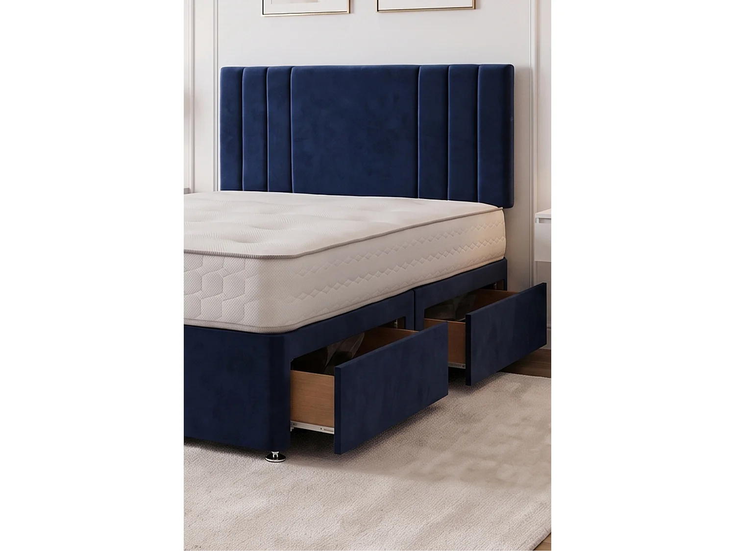 Sarah Navy Plush Bed Set With Mattress, 2 Drawers Same Side & 24"Headboard, 5FT - King Size