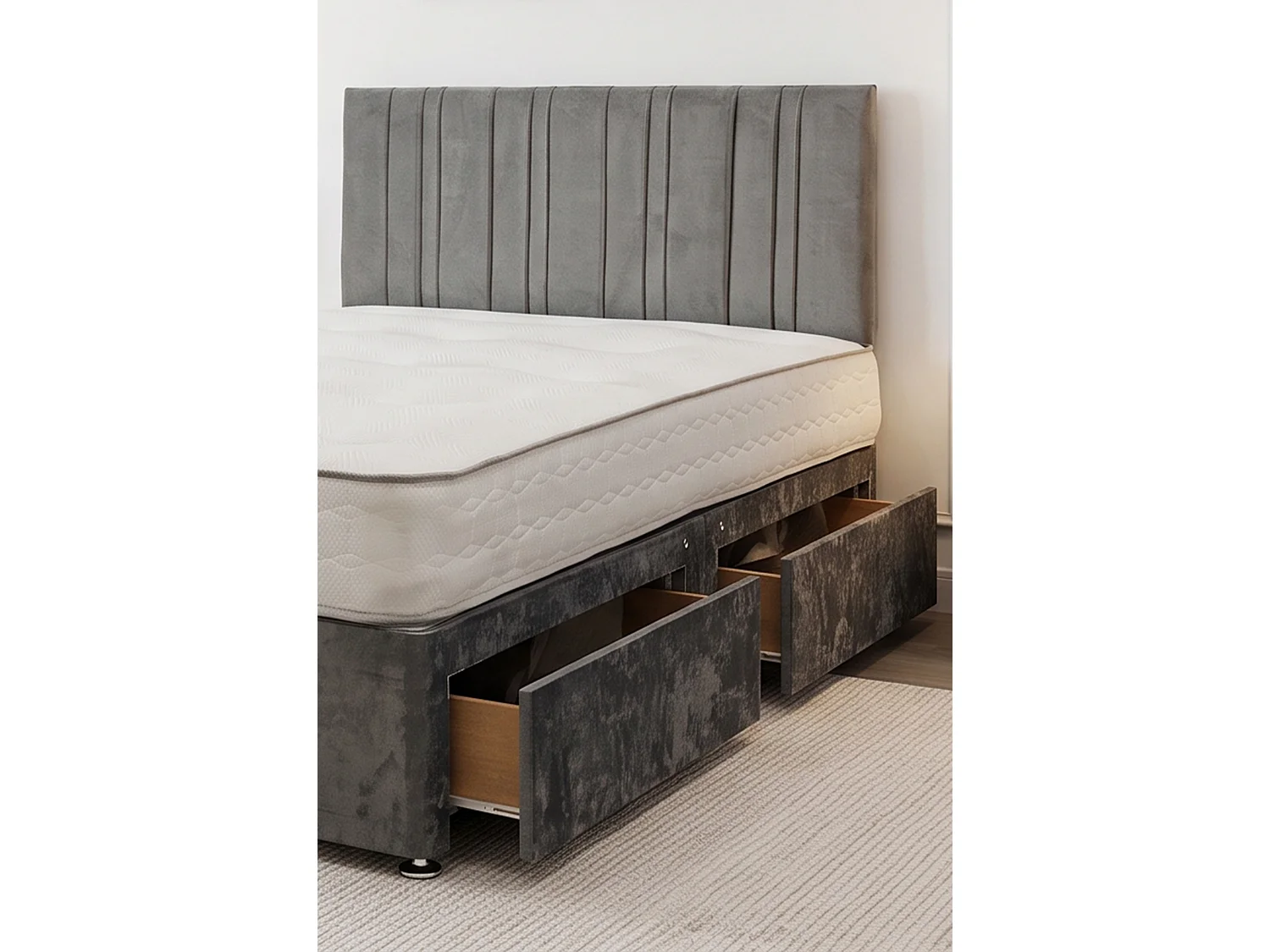 SKY Grey Plush Bed Set With Mattress, 2 Drawers Same Side & 24"Headboard, 4FT - Small Double