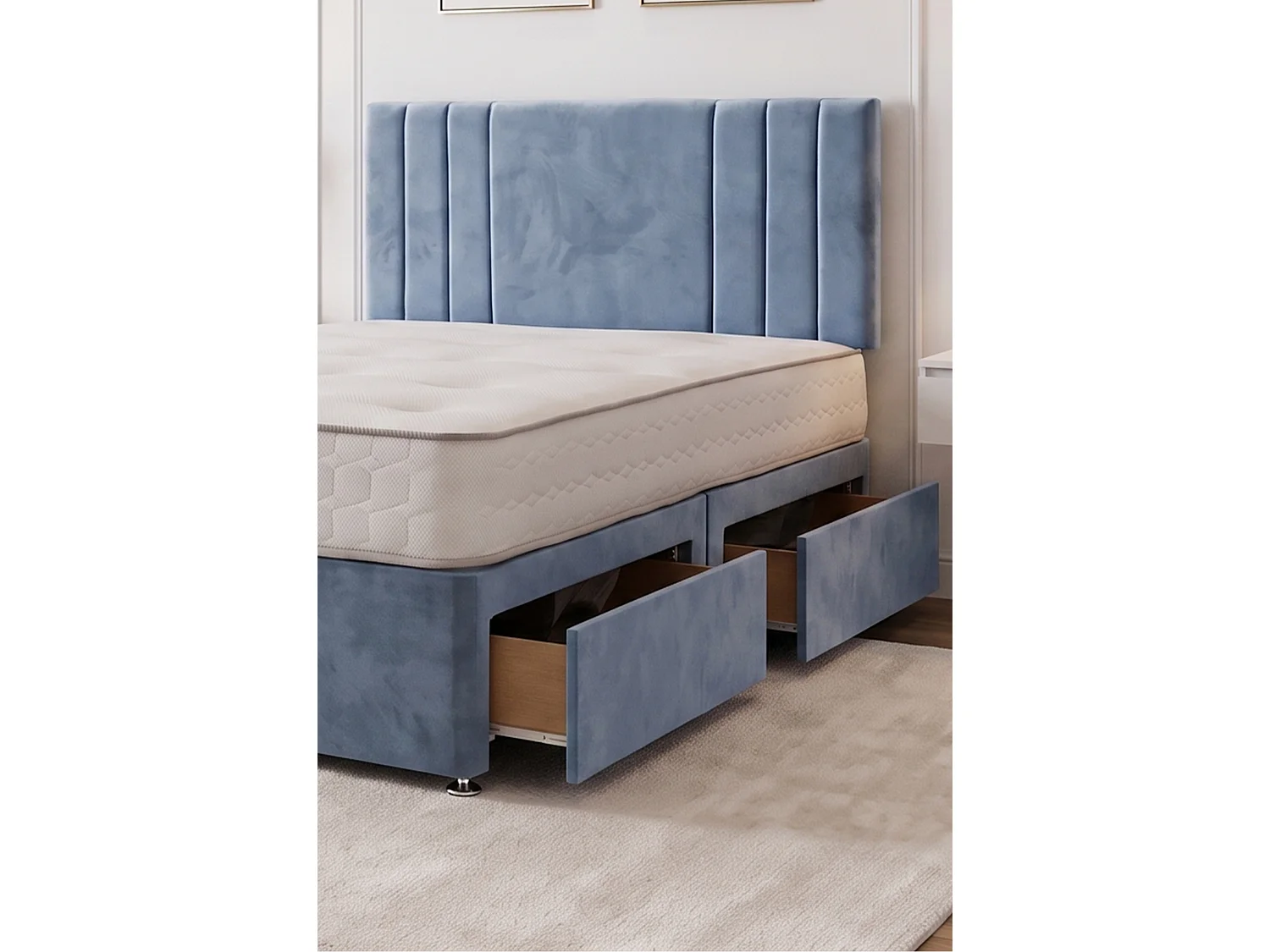 Sarah Sky Blue Plush Bed Set With Mattress, 2 Drawers Same Side & 24"Headboard, 2FT6 - Small Single