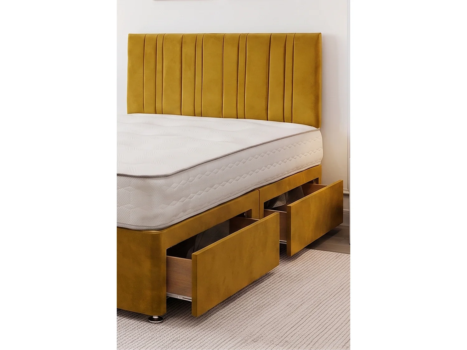 SKY Mustard Plush Bed Set With Mattress, 2 Drawers Same Side & 24"Headboard, 4FT - Small Double