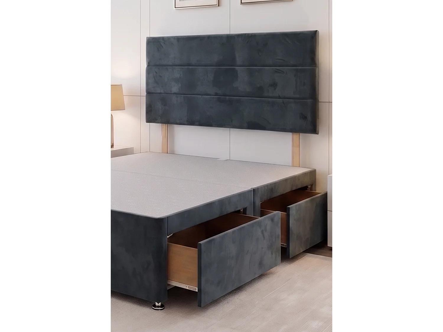 York Charcoal Plush 5FT Divan Storage Bed Base No Mattress with 4 Drawers & Headboard - King Size