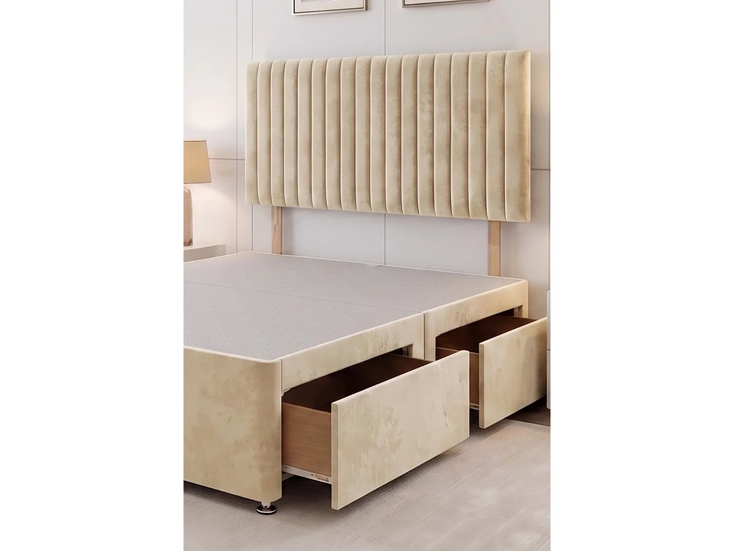 Emily Cream Plush 6FT Divan Bed Base with 2 Drawers & Headboard - Super King