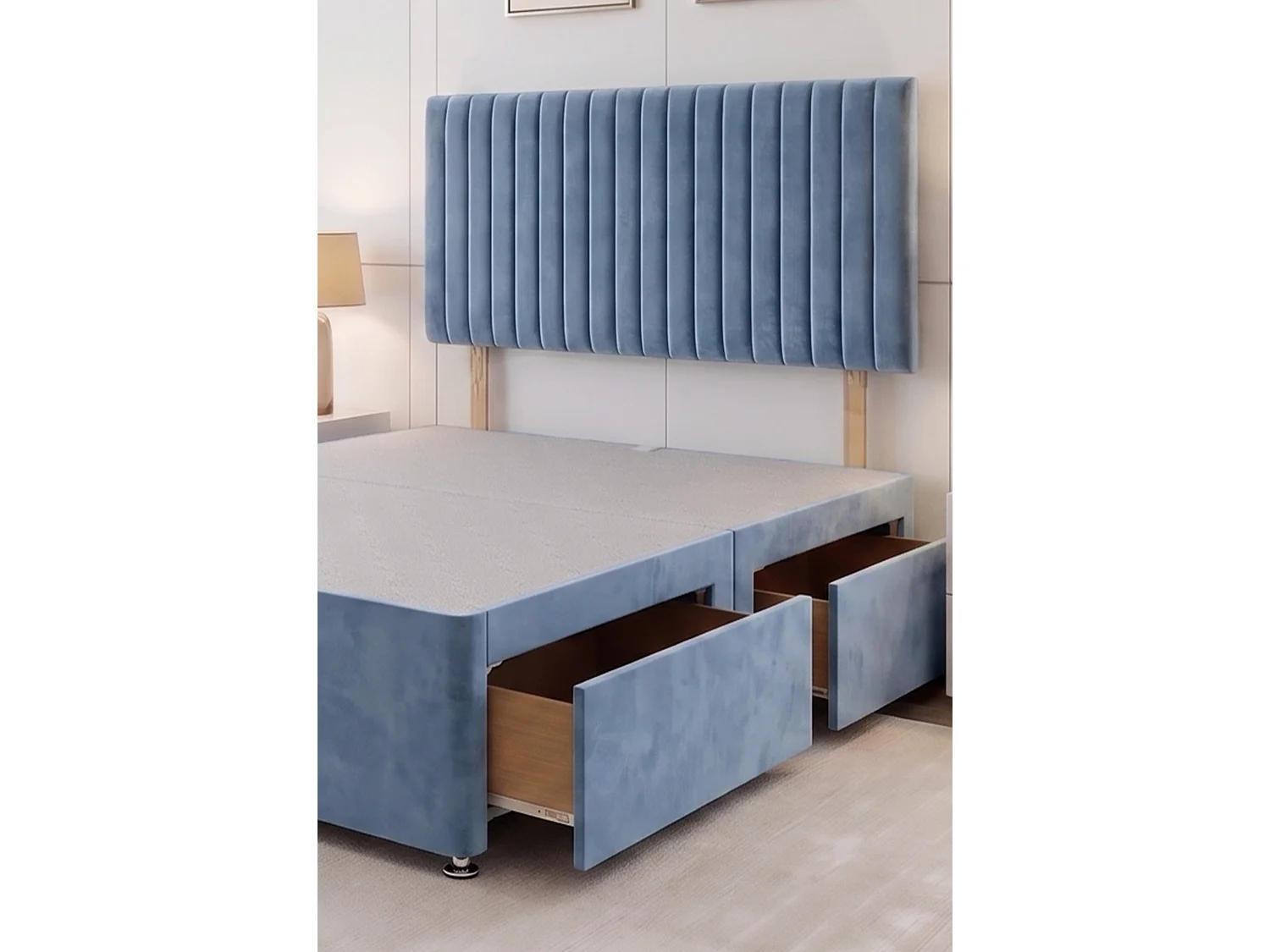 Emily Light Blue Plush 5FT Divan Bed Base with 2 Drawers & Headboard - King Size