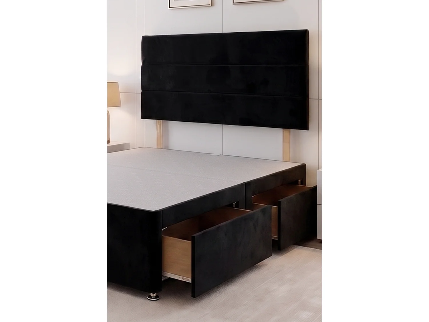 York Black Plush 6FT Divan Storage Bed Base No Mattress with 4 Drawers & Headboard - Super King